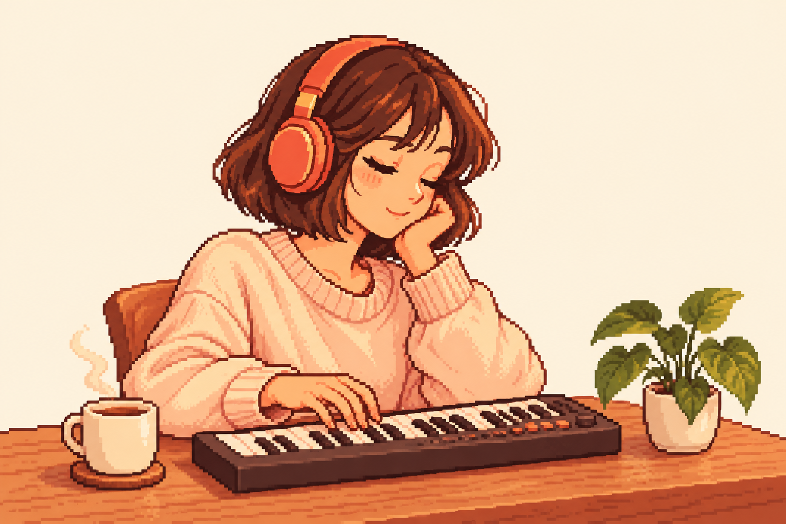 The Lofee girl playing a little keyboard beside her coffee.