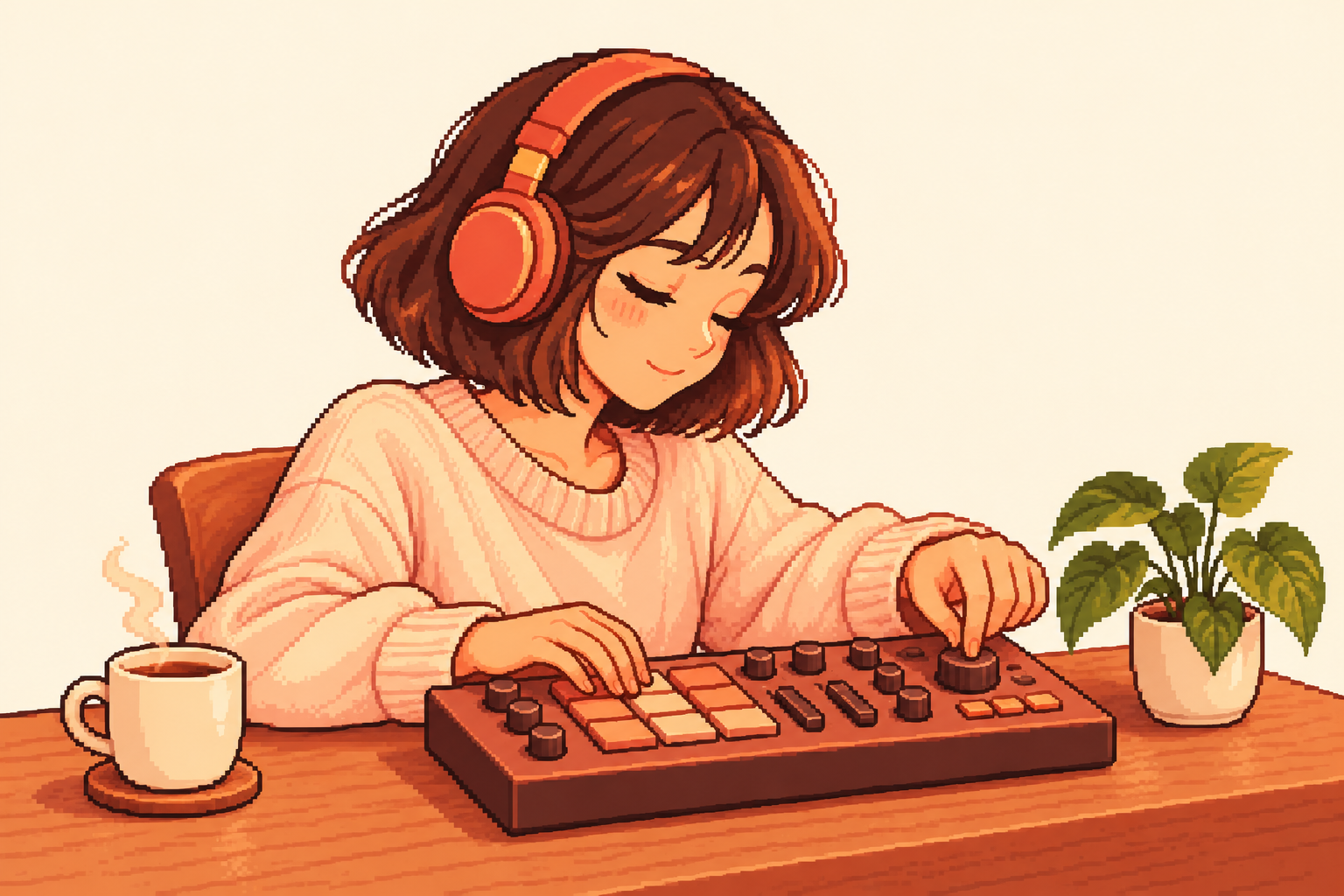 The Lofee girl adjusting the knobs on a music sampler.